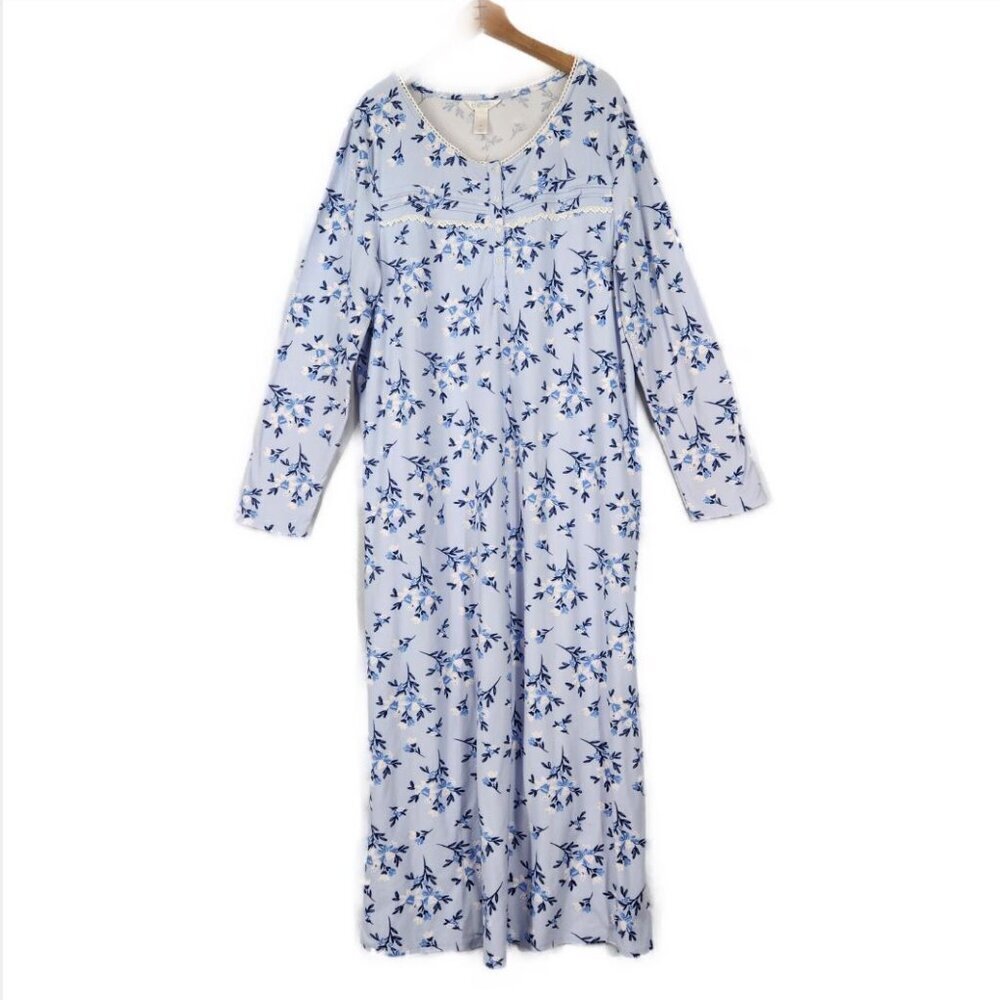 Adonna Soft Knit Long Floral Nightgown Women's M Blue Long Sleeve Cottage Dainty